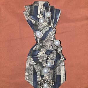 Elegant Navy and Cream Necklace Tie with Pearl Accents